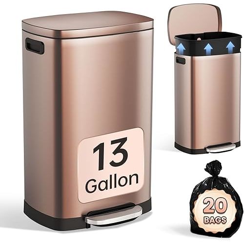ELPHECO Kitchen Trash Can with Lid Soft Close, 13 Gallon / 50L Stainless Steel Pedal Garbage Can, Heavy-Duty Step Wastebasket with 20 Bags, Removable Bucket, Home Office, Champagne