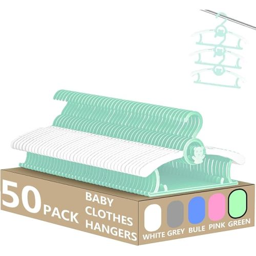 HGYZE Kid Hangers for Closet 50pcs, Green Infant Clothes Hanger 11-14" Adjustable Plastic Baby Coat Hangers with Bear Hook, Non-Slip Children Outfit Hangers for Boy Toddler Newborn Teen Clothing