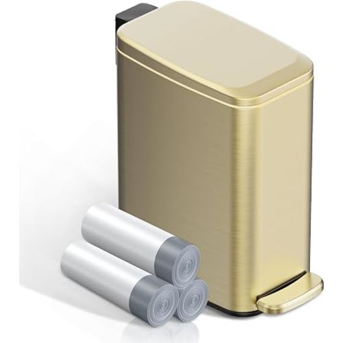 KSSKSS Small Bathroom Trash Can with Lid Soft Close, Step Pedal, 6L / 1.6 Gal Stainless Steel Garbage Bin with Removable Inner Bucket, Slim Wastebasket for Narrow Spaces (Gold)