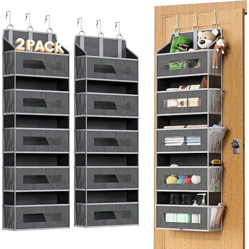 XyVoltic 5 Tier Over The Door Organizer - Large Capacity Behind Door Hanging Shelves with 10 Mesh Pockets and Clear Windows, Closet Organizers and Storage for Bathroom, Bedroom, Nursery, 2 Pack Grey