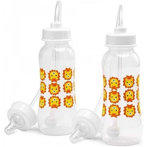 Hands-Free Baby Bottle - Anti-Colic Nursing System 9 oz Baby Bottle with Fast Flow Nipple/Teat 3m+ with Tube Straw Feeding System for Toddler (2 Bottles - Lion)