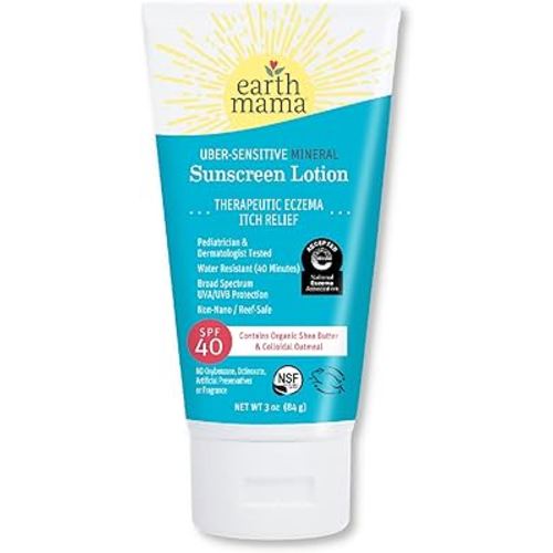 Earth Mama Uber-Sensitive Mineral Sunscreen Lotion SPF 40 | Reef Safe, Non-Nano Zinc, Contains Organic Colloidal Oatmeal | Steroid-Free Eczema Cream for Baby, Kid & Family, 3-Ounce