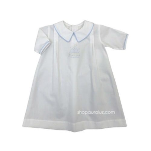 Auraluz Boy long gown | White with blue piping and embroidered sailboat | NB