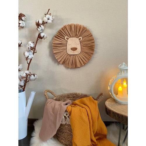 Lion face raffia wall hanging, straw nursery decor, safari jungle nursery, lion head boho kids room decor, baby shower gifts