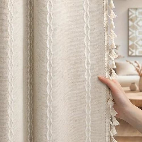 Cream 100% Boho Blackout Curtains 84 Inch 2 Panels with Tassels