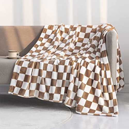 LOMAO Throw Blankets Flannel Blanket with Checkerboard Grid Pattern Soft Throw Blanket for Couch, Bed, Sofa Luxurious Warm and Cozy for All Seasons (Khaki, 60"x80")