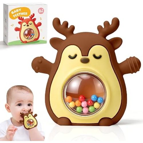 Elk Baby Teething Toy with Rattle 3-12 Months, Silicone Teething Mitten
