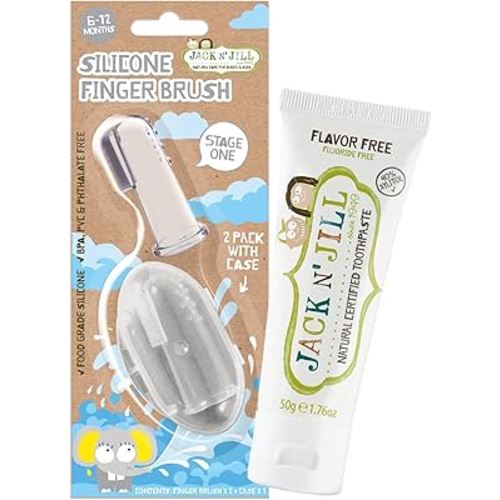 Jack N' Jill Stage 1 Silicone Finger Toothbrush and Toothpaste for Babies & Toddlers, Unflavored Natural Toothpaste, Bundle - Baby Toothbrush 6 to 12 Months - Two Brushes Plus Case, 1.76 Fl Oz