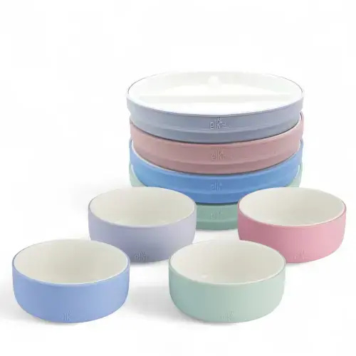 Kids Porcelain Mealtime Bundle | Normal Sleeves | 6.7" Plates + Bowls | 8 Pcs | Blush/Lilac/Sage/Misty Blue