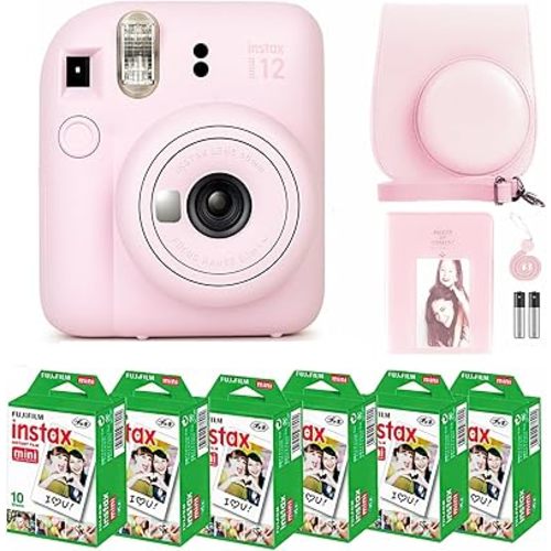 Fujifilm Instax Mini 12 Instant Camera Blossom Pink and Fuji Film Value Pack (60 Sheets) Bundle with Sturdy Tiger Accessories, Carrying Case, Photo Album 64 Pockets