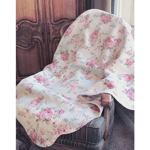 Cozy Line Home Fashions Josephine Spring Peony Pink Ivory Floral Shabby Chic Reversible 100% Cotton Quilted Throw Blanket 60" x 50" Machine Washable and Dryable (Peony)