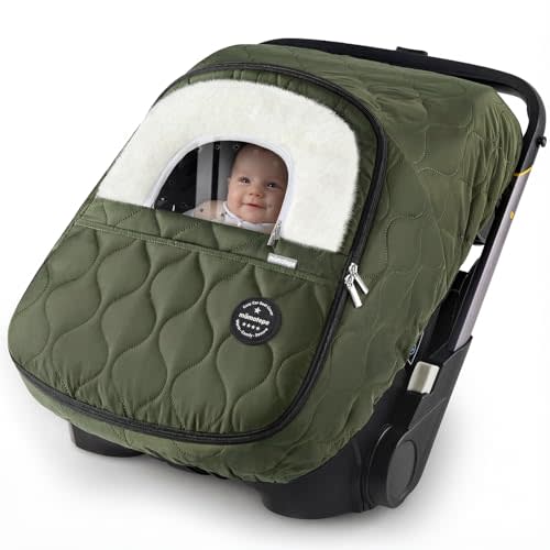 Winter Baby Car Seat Cover, Waterproof, Windproof Warm Winter Car Seat Cover for Doona Car Seats and Strollers,Fleece Breathable Car Seat Cover Baby with Full Zipper, Green