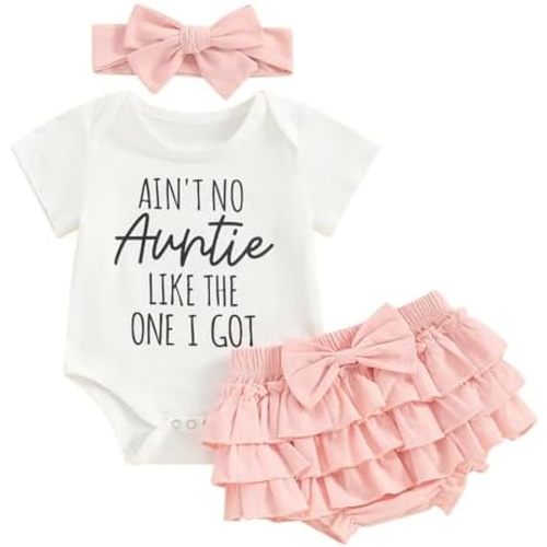 Newborn Baby Girl Auntie Outfits Letter Short Sleeve Romper T-Shirt Tops Tutu Skirt Shorts Set Summer Clothes