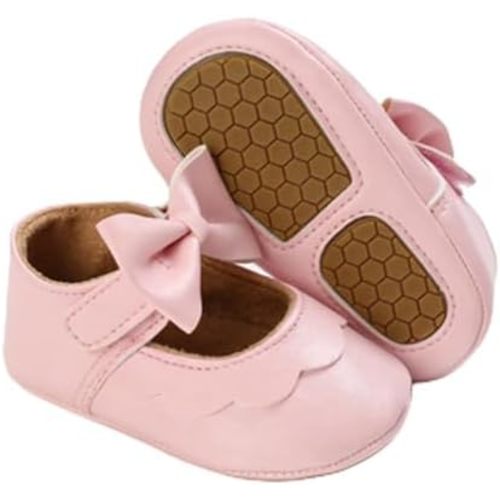 Baby Girls Mary Jane Flats, Non Slip Soft Sole, PU Leather Bowknot Dress Shoes, Newborn Infant Toddler First Walker, 0-18 Months