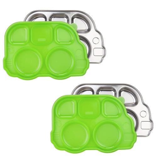 Innobaby Stainless Bus Plate with Sectional Lid, The Original, Leak-Resistant Divided Platter, Mom Invented Fun Shape Dish Din Din Smart for Babies, Toddlers and Kids, BPA Free Plate, Green, 2 Pack