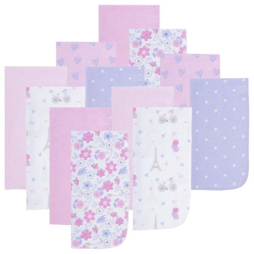 EVERYDAY KIDS 12 Pack Burp Cloths - Paris/Flowers/Hearts