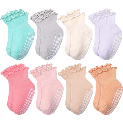 8 Pairs Toddler Ruffle Socks for Girls Baby Grip Socks Cute Non Slip Frilly Cotton Sock 1-3T