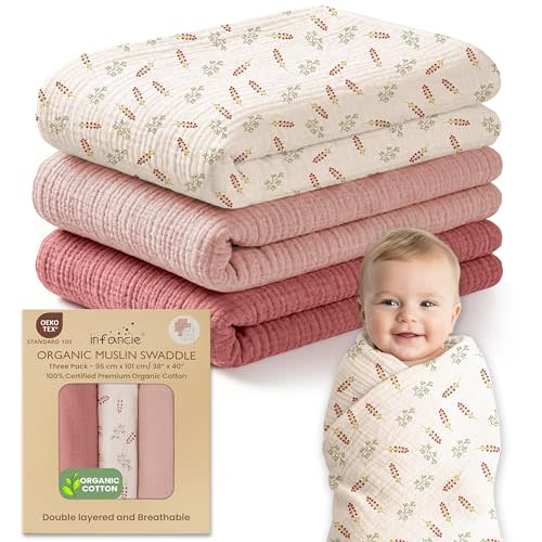 infancie 100% Organic Cotton Muslin Baby Blanket 3 Pack - Breathable Swaddle, Hypoallergenic Double-Layer, Versatile Use (Pink, Floral, Rust, 38x40 Inch)