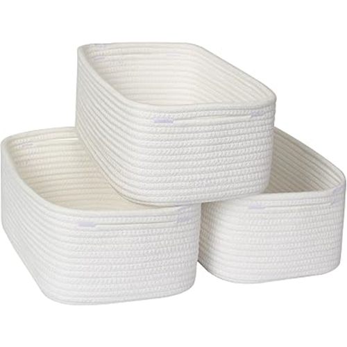 Storage Baskets for Shelves 3 Pack, Small Woven Cotton Rope Bins for Organizing, Cute Baby Nursery Decor Closet Organizer, Gift Baskets Empty, Bathroom Towel Storage, 11.8"x7.9"x4.7", White