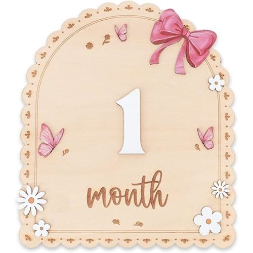 Wooden Baby Monthly Milestone Sign Set with Pink Bow, 1–12 Month Photo Prop, Floral Round Baby Girl Growth Tracker, Nursery Decor Keepsake Gift (m-Arch)
