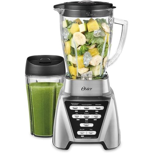 Oster Pro 1200 Smoothie Blender with Glass Jar & 24oz To-Go Cup, Countertop Kitchen Blender with 7 Speeds, 1200W Power, Brushed Nickel