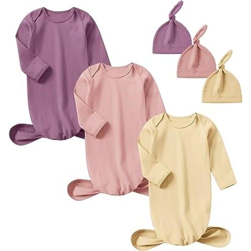 OPAWO Newborn Baby Knotted Gowns with Mitten Cuffs and Hat Baby Sleeper Gowns Coming Home Outfit for Baby Boy Girl 0-6 Months
