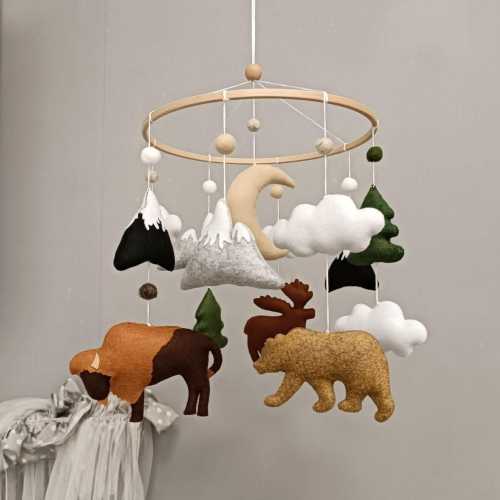 Woodland Baby Mobile, Mountain Nursery Decor, Bison, Bear, Moose, Landscape Mobile Crib
