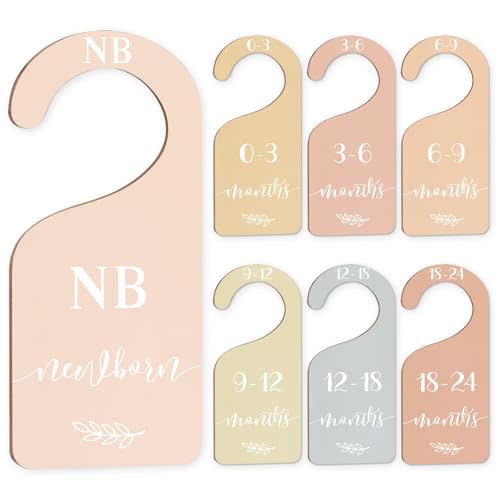 Whaline 7Pcs Boho Wood Baby Closet Size Dividers With Yellow Velvet Bag Newborn to 24 Month Thicken Infant Wardrobe Hanger Organizers for Home Nursery Party Supplies