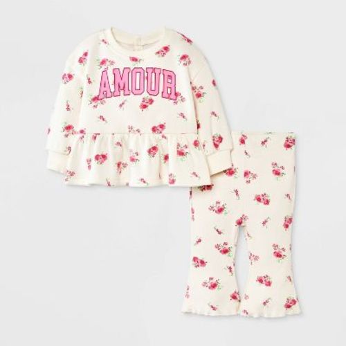 Baby Girls' 2pc Amour Love Floral Fleece Sweatshirt & Pants Set - Off-White