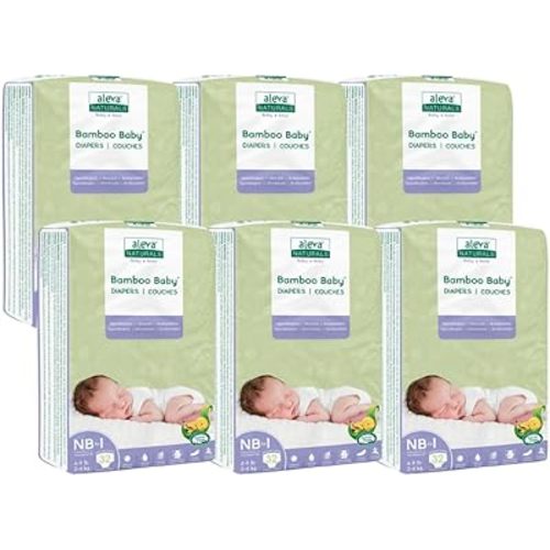 Aleva Naturals Hypoallergenic Bamboo Baby Diapers for Newborn, Ultra Soft, Sensitive Skin Friendly, Biodegradable, Disposable - Size Newborn to 1 (4-9 lbs / 2-4kg) Economy Pack- 192 Count