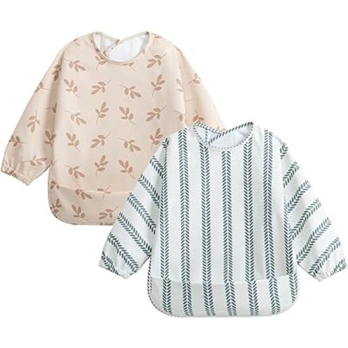 Little Dimsum Smock Bib,Long Sleeve Toddler Feeding Bib, Elastic Cuffs for Comfort, Large Catch-All Pocket, Waterproof Recycled Polyester - Durable Baby Smock Bib for Mealtime-Pack of 2 Colors(Leaf)