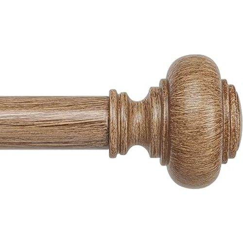 Wood Curtain Rods for Windows 48 to 84 Inch, Boho Vintage Decorative 1 Inch Diameter Wooden Curtain Rod, Adjustable Heavy Duty Rustic Farmhouse Drapery Pole with Imitation Wood Grain Finials