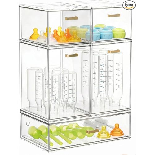 LALOBLUE Set of 5 Stackable Storage Drawers, Clear Acrylic Organizer Bins for Beauty Supplies, Perfect for Makeup Vanity, Undersink, Kitchen, Cabinet,Pantry Organization and Storage