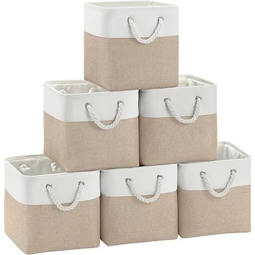 Fabric Cubes Storage Basket, 6 Pack 11x11 inch with Handles Foldable Cube Storage Bins, for Shelves, Home, Office, Nursery Organizers (White/Khaki)