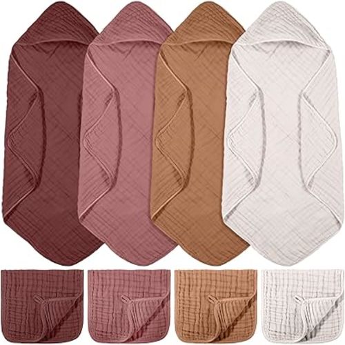 VitalCozy 8 Pcs Baby Muslin Hooded Bath Towels and Washcloths Muslin Cotton Hooded Baby Towels Absorbent Blankets for Gift Newborn Infant Shower (32 x 32 Inch,Warm Colors)