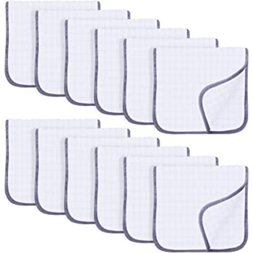 SWEET DOLPHIN 12 Pack Muslin Burp Cloths Large 100% Cotton Hand Washcloths for Baby - Baby Essentials Extra Absorbent and Soft Boys & Girls Milk Spit Up Rags for Newborn Registry - Grey Trim, 20" X10"