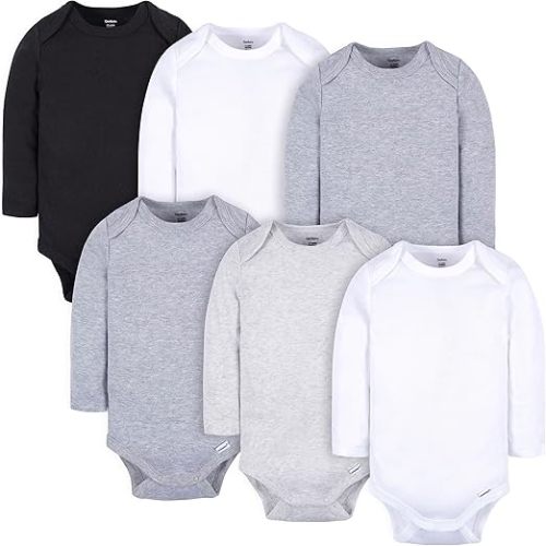 Gerber Baby 6 Pack Long-Sleeve Onesies Bodysuit, White and Black, 6-9 Months
