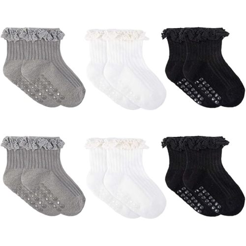 6 Pairs Baby Girl Ruffle Socks Non Slip Grips Cotton Frilly Ankle Crew Fancy Dress Socks for Newborn Infant Toddler