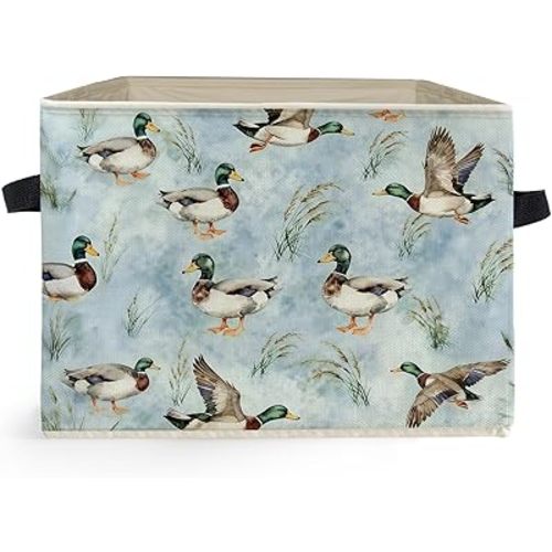 Blue Mallard Duck Nursery Storage Box Bins, Vintage Rustic Flying Mallard Ducks Collapsible Storage Basket Organizer for Kids Room Bedroom Laundry Room Clothes Books, Decor for Room