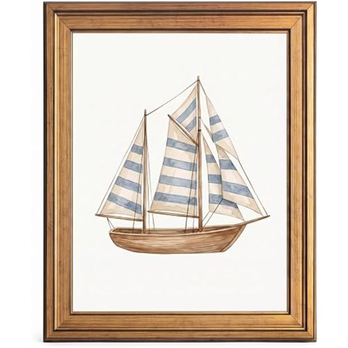 Framed Canvas Wall Art Whimsical Watercolor Wooden Sailboat Blue and Beige Sails Canvas Print Poster Gold Frame Wall Decor for Nursery Minimalist Sailing Art, Nautical Decor - Inch 8x10