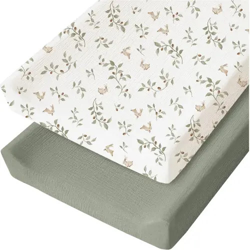 Konssy 2 Pack Muslin Changing Pad Cover for Baby Girls Boys 100% Cotton Fitted Diaper Changing Table Cover Set, Soft Changing Pad Sheets (Rabbit,Fog Green)