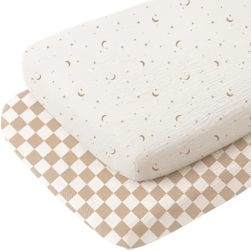 Konssy 2 Pack Muslin Bassinet Sheets for Baby Boy, 100% Cotton Soft Breathable Bassinet Mattress Sheets Fit for Hourglass Oval Cradle Rectangle Mattress (Coffee Check,Moon)