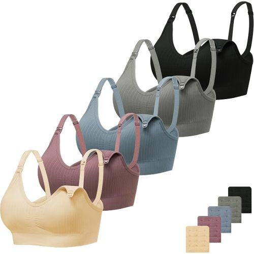 Angelhood Ribbed Nursing Bras 5 Pack Wireless V Neck Maternity Nursing Bra