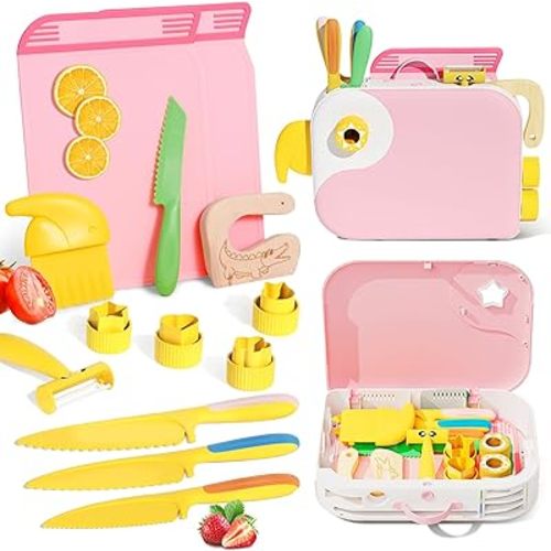 Montessori Kitchen Tools for Toddlers,Kids Knife for Real Cooking,Toddlers Knife Set with Storage Box Kids Safe Knives Children Cutting Set and Peeler,Montessori Toys for Kitchen Set -Pink