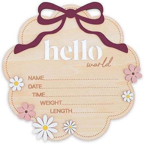 TTMerriwood Hello World Wooden Baby Birth Announcement Sign with Pink Bow, Cloud Shape Floral Newborn Name Date Time Weight Length Board, Baby Girl Nursery Photo Prop (Berry)