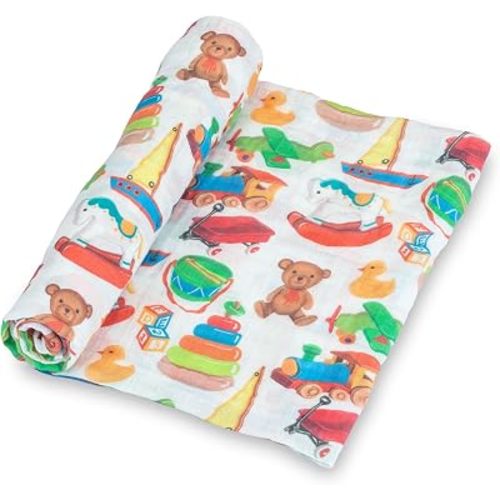 LollyBanks Muslin Swaddle Blankets, 100% Cotton Baby Blankets for Boys and Girls, Soft and Breathable 47 x 47 Inches Newborn Receiving Blanket, Cozy Baby Wrap, Nursery Essentials (Toy Chest Print)