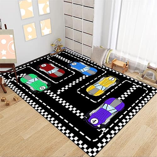Race Car Rug for Kids Bedroom Play Mat, Car Carpet for Kids Race Track Rug for Boys Room with Roads and Tracks Track Carpet for Boys Room Decor, Black, 2'5''×4'