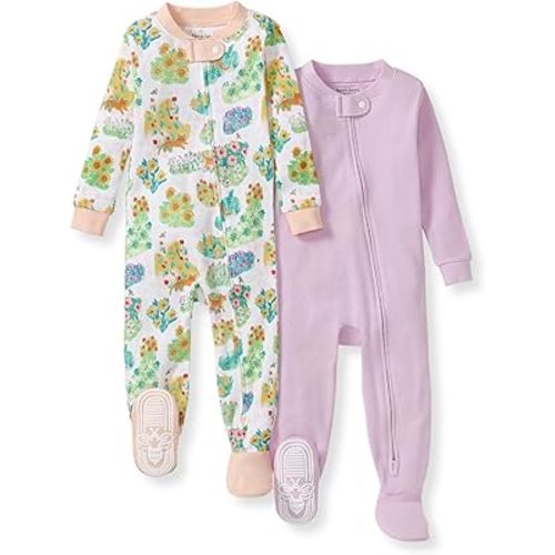 Burt's Bees Baby Baby Girls Sleeper Pajamas, 100% Organic Cotton, One-piece PJs, Diagonal Zip Up Jumpsuit, Snug Fit Footie