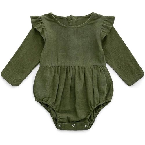 Simplee kids Baby Girl Romper, Cotton Linen Long Sleeve Solid Color, 0-3T | Soft Cozy Breathable, Daily Casual Fall Spring Wear, Newborn and Infant