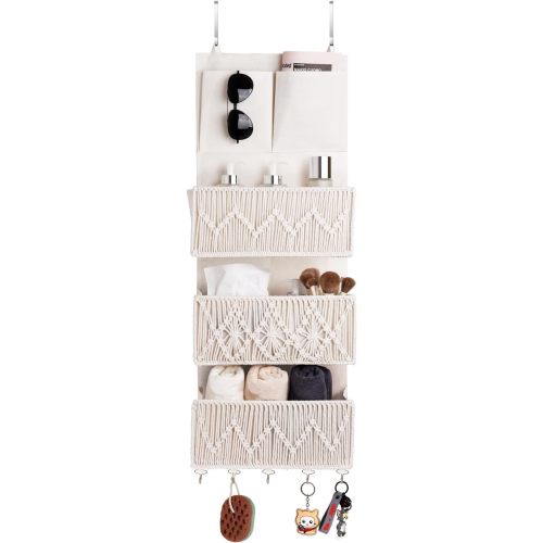 ANTIS'S HOME Over The Door Organizer Boho Bedroom Decor Nursery Storage with 3 Large Woven Pockets, Macrame Nursery Organizers and Toys Storage, Behind Door for Bathroom, Beige Back of Door Organizer